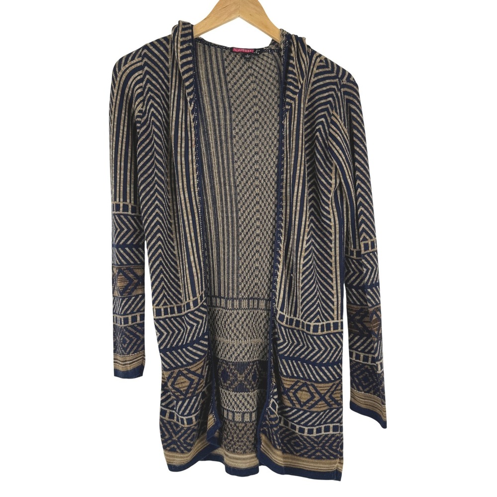 Say What Womens Aztec Hooded Cardigan Navy Tan Geometric Open‎ Front Sweater S